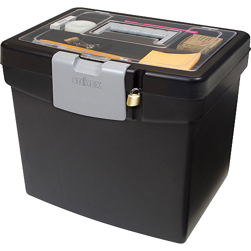 Storex Portable Storage Box External Dimensions: 14.9" Length x 11" Width x 12.1" Height - Media Size Supported: Letter - Snap-tight Closure - Plastic - Black - For File - Recycled - 1 / Carton (61502U01C)