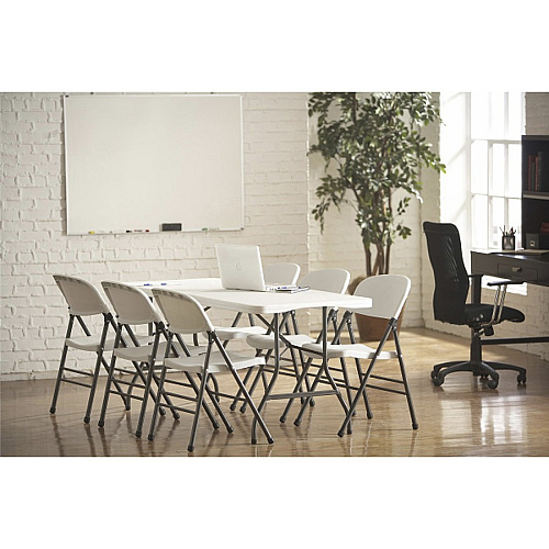 Cosco 6 foot Centerfold Blow Molded Folding Table Rectangle Top - Folding Base - 29.63" Table Top Width x 72" Table Top Depth - 29.25" Height - White - Steel Frame Material - 1 Each (14678WSP1)