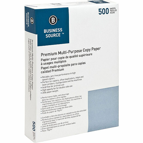Business Source Premium Multipurpose Copy Paper 92 Brightness - Letter - 8 1/2" x 11" - 20 lb Basis Weight - Acid-free - White - 2500 Sheets - 500 Sheets per Ream - 5 / Carton (BSN32125)