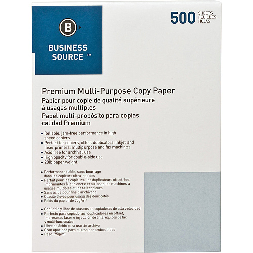 Business Source Premium Multipurpose Copy Paper 92 Brightness - Letter - 8 1/2" x 11" - 20 lb Basis Weight - Acid-free - White - 500 Sheets per Ream - 400 / Pallet (BSN36591PL)