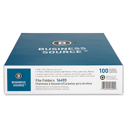Business Source 1/3 Tab Cut Letter Recycled Top Tab File Folder 8 1/2" x 11" - 3/4" Expansion - Top Tab Location - Left Tab Position - 11 pt. - 1 Plys - Manila - 10% Recycled - 100 / Box (BSN16490)