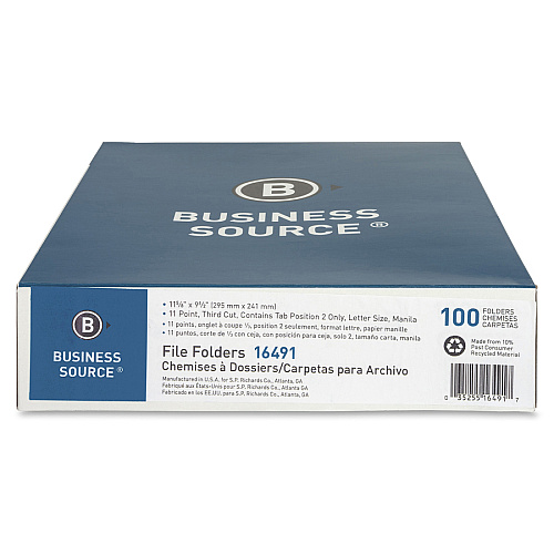 Business Source 1/3 Tab Cut Letter Recycled Top Tab File Folder 8 1/2" x 11" - 3/4" Expansion - Top Tab Location - Center Tab Position - 11 pt. - 1 Plys - Manila - 10% Recycled - 100 / Box (BSN16491)