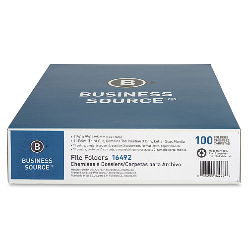 Business Source 1/3 Tab Cut Letter Recycled Top Tab File Folder 8 1/2" x 11" - 3/4" Expansion - Top Tab Location - Right Tab Position - 11 pt. - 1 Plys - Manila - 10% Recycled - 100 / Box (BSN16492)