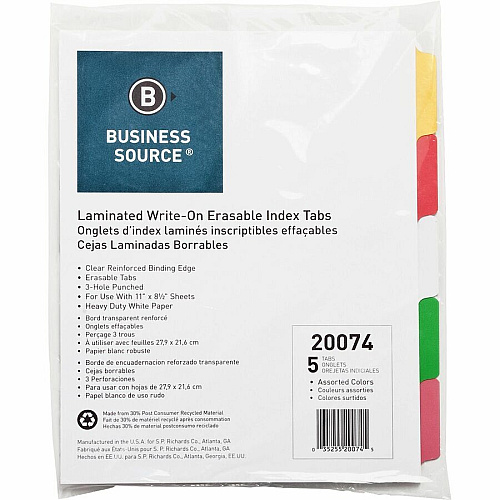 Business Source Laminated Write-On Tab Indexes 5 Write-on Tab(s) - 5 Tab(s)/Set - 11" Tab Height x 8.50" Tab Width - 3 Hole Punched - Self-adhesive, Removable - Multicolor Mylar Tab(s) - 100% Recycled - Laminated Tab, Reinforced Edges, Punched, (BSN20074)
