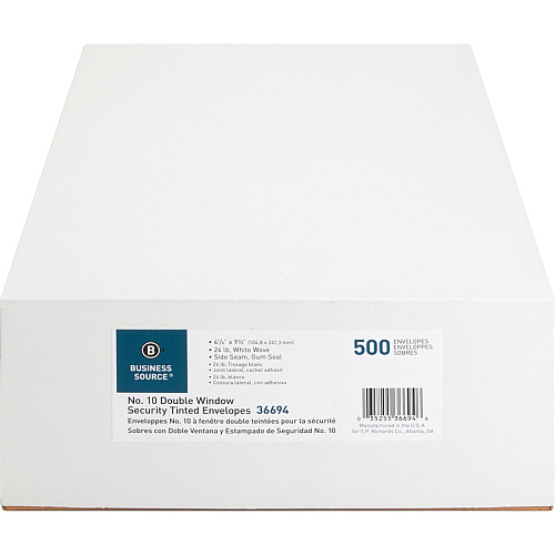 Business Source No. 10 Double-Window Invoice Envelopes Double Window - #10 - 9 1/2" Width x 4 1/8" Length - 24 lb - Gummed - White - Wove - 500 / Box (BSN36694)