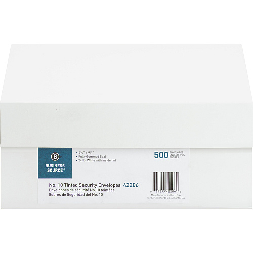 Business Source No.10 Regular Tint Security Envelopes Security - #10 - 4 1/8" Width x 9 1/2" Length - 24 lb - Gummed - White - Wove - 500 / Box (BSN42206)