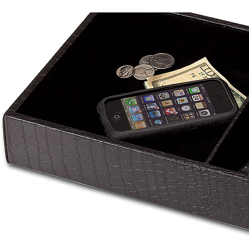 Dacasso Crocodile Embossed Black Leather Standard Valet Tray 4 Compartment(s) - Compartment Size : 2" - Desktop - Black - Velveteen, Leather - 1 Each (A2463)