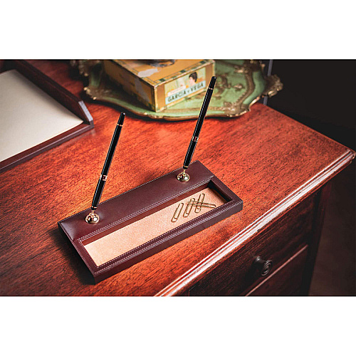 Dacasso Leather Double Pen Stand Leather - Chocolate Brown, Gold - 1 Each (A3404)