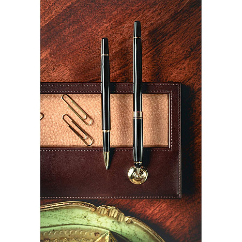 Dacasso Leather Double Pen Stand Leather - Chocolate Brown, Gold - 1 Each (A3404)