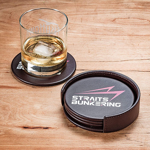 Dacasso Leather Coasters - Set of 4 with Holder Round - Chocolate Brown - Top Grain Leather, Felt - 1Each - 1 Each (A3445)