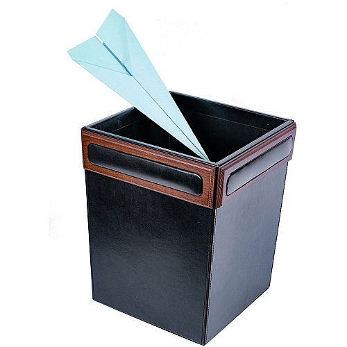 Dacasso Walnut & Leather Waste Basket 3.50 gal Capacity - Wood, Top Grain Leather, Velveteen - Black - 1 Each (A8403)
