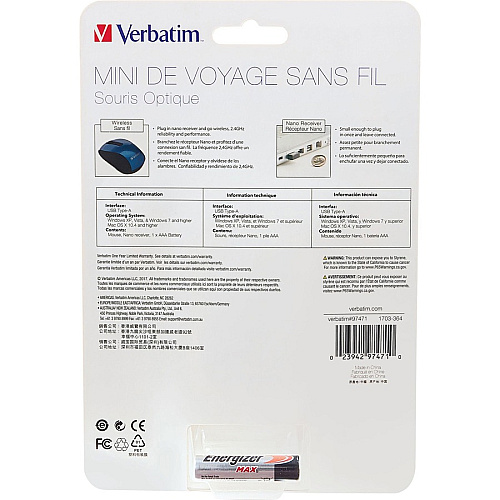 Verbatim Wireless Mini Travel Optical Mouse - Blue Optical - Wireless - Radio Frequency - Blue - USB 2.0 - 1600 dpi - Scroll Wheel - 3 Button(s) - 1 Each (97471)