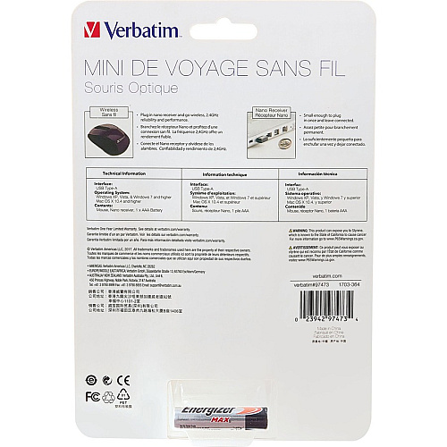 Verbatim Wireless Mini Travel Optical Mouse - Purple Optical - Wireless - Radio Frequency - Purple - 1 - USB - 1600 dpi - Scroll Wheel - 3 Button(s) (97473)