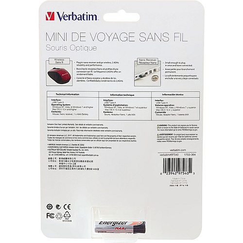 Verbatim Wireless Mini Travel Optical Mouse - Red Optical - Wireless - Radio Frequency - Red - USB - 1600 dpi - Scroll Wheel - 3 Button(s) - 1 Each (97540)