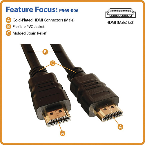 Eaton Tripp Lite Series High Speed HDMI Cable with Ethernet, UHD 4K, Digital Video with Audio (M/M), 16 ft. (4.88 m) 16 ft HDMI A/V Cable - First End: 1 x HDMI Digital Audio/Video - Male - Second End: 1 x HDMI Digital Audio/Video - Male - 18 Gbi (P569016)