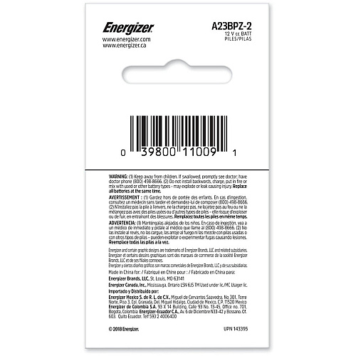 Energizer A23 Batteries, 2 Pack For Keyless Entry, Garage Door Opener, Electronic Device - 12 V DC - 2 / Pack (A23BPZ2)