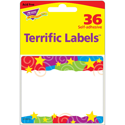 Trend Stars & Swirls Colorful Self-adhesive Name Tags 3" Length x 2.50" Width - Rectangular - Assorted - 36 / Pack (T68070)