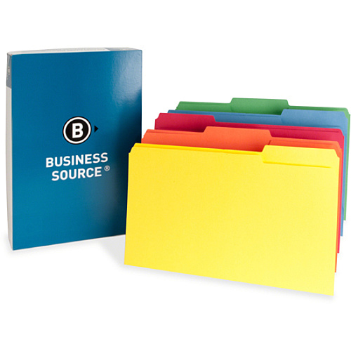 Business Source 1/3 Tab Cut Legal Recycled Top Tab File Folder 8 1/2" x 14" - 3/4" Expansion - Top Tab Location - Assorted Tab Position - 11 pt. - 1 Plys - Assorted - Acid-free - 10% Recycled - 100 / Box (BSN65781)
