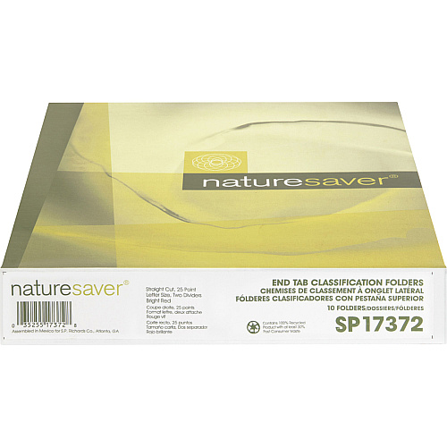 Nature Saver Letter Recycled Classification Folder 8 1/2" x 11" - End Tab Location - 2 Divider(s) - 25 pt. - Fiberboard - Bright Red - 100% Recycled - 10 / Box (SP17372)