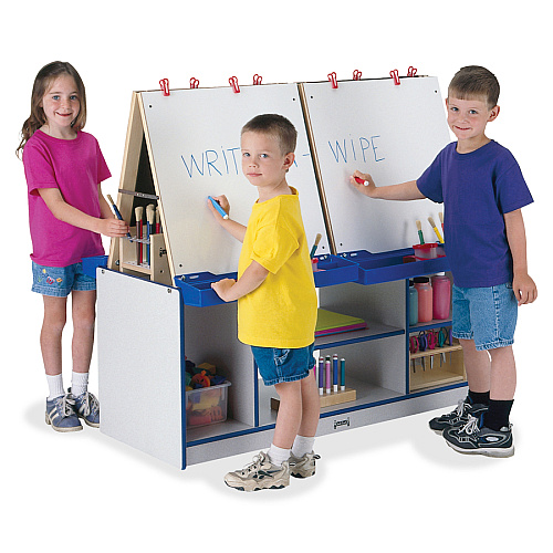Jonti-Craft Rainbow Accents 4 Station Art Center Freckled Gray, Navy Stand - Floor Standing - Removable Easel, Storage Shelf, Chip Resistant, Wheels, Durable, Laminated, Easy to Clean, Wipeable - Assembly Required - 1 Each (0294JCWW112)
