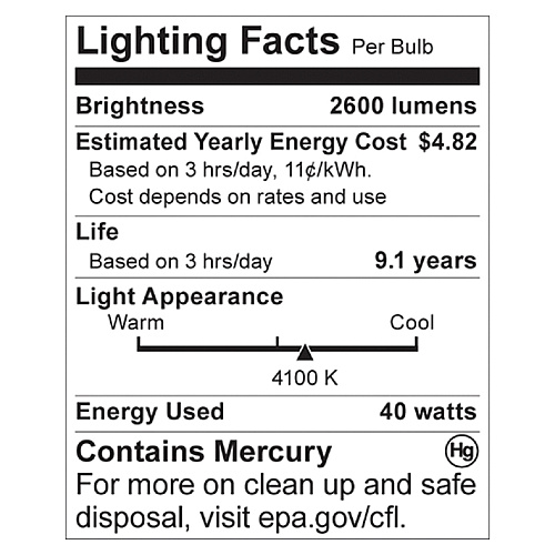 Satco 40-watt T4 Spiral CFL Bulb 40 W - 150 W Incandescent Equivalent Wattage - 120 V AC - 2600 lm - Spiral - T4 Size - Cool White Light Color - E26 Base - 10000 Hour - 4100&deg;K Color Temperature - 82 CRI - Energy Saver - 1 Each (S7335)