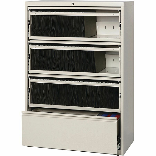 Lorell Fortress Lateral File with Roll-Out Shelf 36" Width x 18.6" Depth x 52.5" Height - 4 x Drawer(s) for File - Letter, Legal, A4 - Ball-bearing Suspension, Interlocking, Heavy Duty, Recessed Handle, Leveling Glide - Putty - Metal - Recycled (LLR43510)