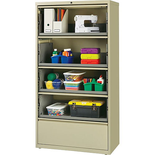 Lorell Fortress Lateral File with Roll-Out Shelf 36" Width x 18.6" Depth x 68.8" Height - 5 x Drawer(s) for File - A4, Legal, Letter - Ball-bearing Suspension, Recessed Handle, Leveling Glide, Heavy Duty, Interlocking - Putty - Steel - Recycled (LLR43512)