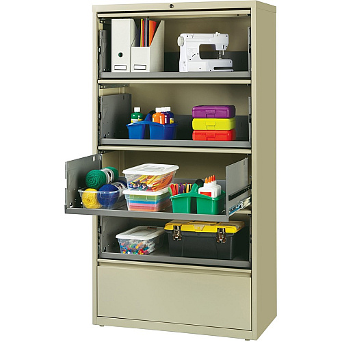 Lorell Fortress Lateral File with Roll-Out Shelf 36" Width x 18.6" Depth x 68.8" Height - 5 x Drawer(s) for File - A4, Legal, Letter - Ball-bearing Suspension, Recessed Handle, Leveling Glide, Heavy Duty, Interlocking - Putty - Steel - Recycled (LLR43512)
