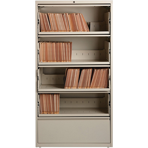 Lorell Fortress Lateral File with Roll-Out Shelf 36" Width x 18.6" Depth x 68.8" Height - 5 x Drawer(s) for File - A4, Legal, Letter - Ball-bearing Suspension, Recessed Handle, Leveling Glide, Heavy Duty, Interlocking - Putty - Steel - Recycled (LLR43512)