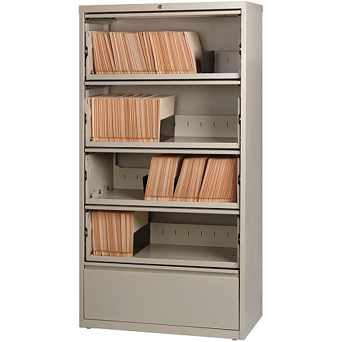 Lorell Fortress Lateral File with Roll-Out Shelf 36" Width x 18.6" Depth x 68.8" Height - 5 x Drawer(s) for File - A4, Legal, Letter - Ball-bearing Suspension, Recessed Handle, Leveling Glide, Heavy Duty, Interlocking - Putty - Steel - Recycled (LLR43512)