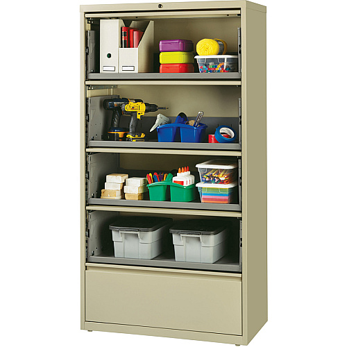 Lorell Fortress Lateral File with Roll-Out Shelf 36" Width x 18.6" Depth x 68.8" Height - 5 x Drawer(s) for File - A4, Legal, Letter - Ball-bearing Suspension, Recessed Handle, Leveling Glide, Heavy Duty, Interlocking - Putty - Steel - Recycled (LLR43512)