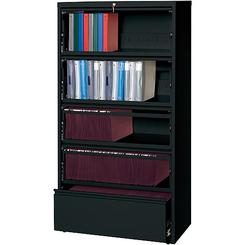 Lorell Fortress Lateral File with Roll-Out Shelf 36" Width x 18.6" Depth x 69" Height - 5 x Drawer(s) for File - Legal, Letter, A4 - Leveling Glide, Ball-bearing Suspension, Interlocking, Heavy Duty, Recessed Handle - Black - Steel - Recycled (LLR43513)