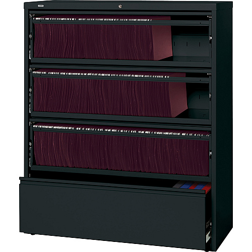 Lorell Fortress Lateral File with Roll-Out Shelf 42" Width x 18.6" Depth x 52.5" Height - 4 x Drawer(s) for File - Letter, A4, Legal - Leveling Glide, Heavy Duty, Recessed Handle, Ball-bearing Suspension, Interlocking - Black - Metal - Recycled (LLR43515)