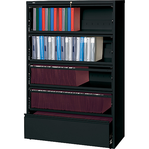Lorell Fortress Lateral File with Roll-Out Shelf 42" Width x 18.6" Depth x 68.8" Height - 5 x Drawer(s) for File - Letter, A4, Legal - Interlocking, Heavy Duty, Ball-bearing Suspension, Leveling Glide, Recessed Handle - Black - Steel - Recycled (LLR43517)