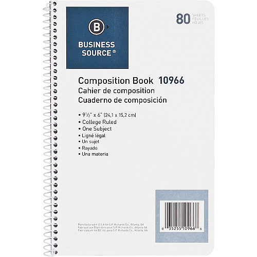 Business Source College Ruled Composition Books 80 Sheets - Wire Bound - 16 lb Basis Weight - 6" x 9 1/2" Sheet Size - White Paper - Stiff-back - 1 Each (BSN10966)