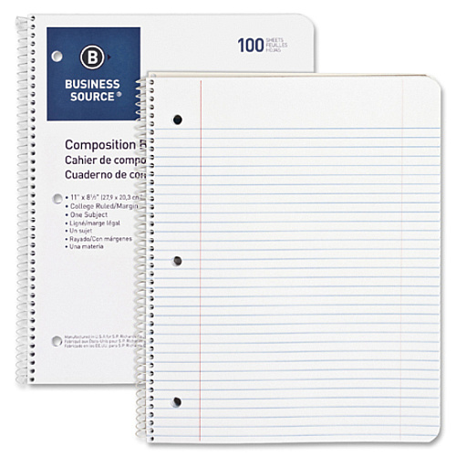 Business Source Wirebound College Ruled Notebooks - Letter 100 Sheets - Wire Bound - 16 lb Basis Weight - Letter - 8 1/2" x 11" Sheet Size - White Paper - Stiff-back - 1 Each (BSN10968)