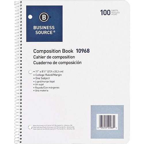 Business Source Wirebound College Ruled Notebooks - Letter 100 Sheets - Wire Bound - 16 lb Basis Weight - Letter - 8 1/2" x 11" Sheet Size - White Paper - Stiff-back - 1 Each (BSN10968)