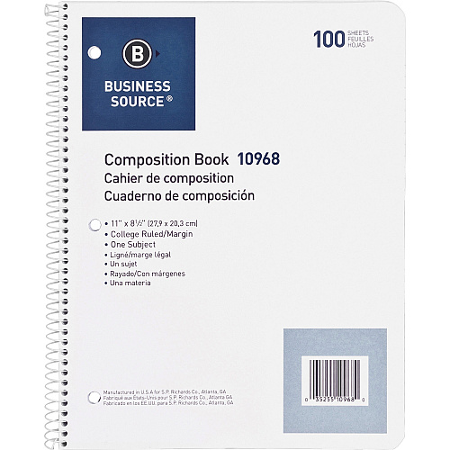 Business Source Wirebound College Ruled Notebooks - Letter 100 Sheets - Wire Bound - 16 lb Basis Weight - Letter - 8 1/2" x 11" Sheet Size - White Paper - Stiff-back - 1 Each (BSN10968)