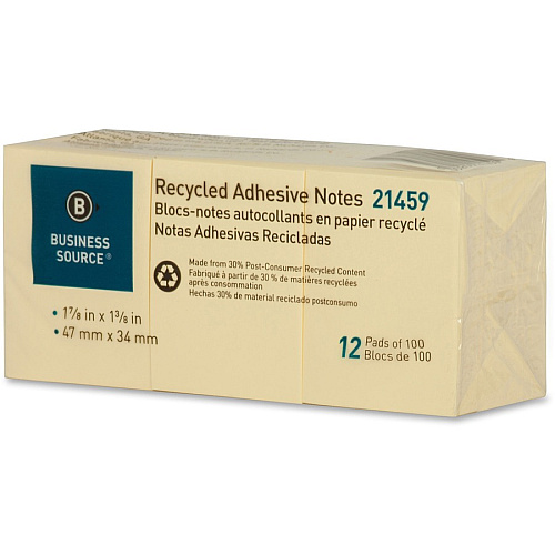 Business Source Yellow Adhesive Notes 1 7/8" Flag/Note Width x 1 3/8" Flag/Note Length - Rectangle - Unruled - Yellow - Self-adhesive, Removable - Recycled - 12 / Pack (BSN21459)