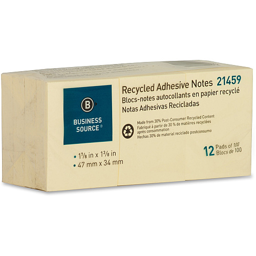 Business Source Yellow Adhesive Notes 1 7/8" Flag/Note Width x 1 3/8" Flag/Note Length - Rectangle - Unruled - Yellow - Self-adhesive, Removable - Recycled - 12 / Pack (BSN21459)