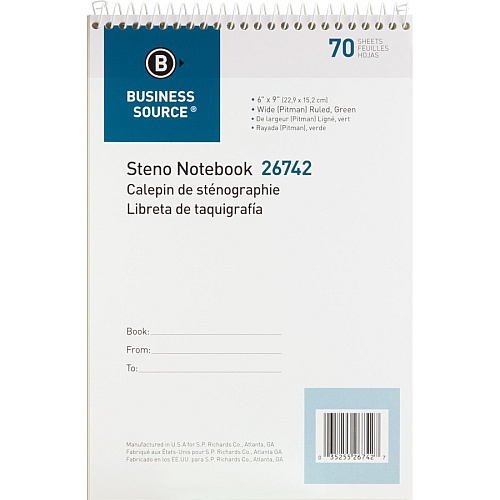 Business Source Steno Notebook 70 Sheets - Wire Bound - Pitman Ruled Margin - 6" x 9" Sheet Size - Green Paper - Stiff-back - 1 Each (BSN26742)