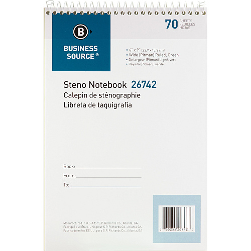 Business Source Steno Notebook 70 Sheets - Wire Bound - Pitman Ruled Margin - 6" x 9" Sheet Size - Green Paper - Stiff-back - 1 Each (BSN26742)