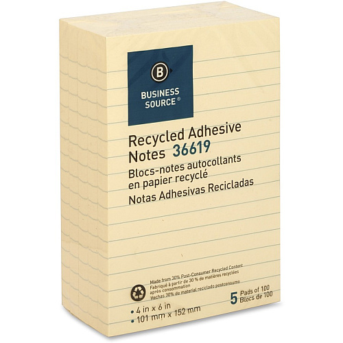 Business Source Yellow Adhesive Notes 4" Flag/Note Width x 6" Flag/Note Length - Rectangle - Ruled - Yellow - Self-adhesive, Removable - Recycled - 5 / Pack (BSN36619)