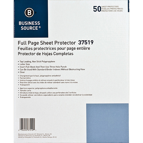 Business Source Full Sheet Top Load Poly Sheet Protectors 3.1 mil Thickness - For Letter 8 1/2" x 11" Sheet - Rectangular - Clear - Polypropylene - 50 / Box (BSN37519)