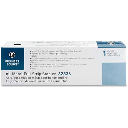 Business Source All-metal Full-strip Desktop Stapler Staples Upto 20 Sheet of 20lb Paper - Holds Upto 210 Staple - Full Strip - Staple Size: 0.25" - Black - Metal, Acrylonitrile Butadiene Styrene (ABS), Rubber - 1 Each (BSN62836)