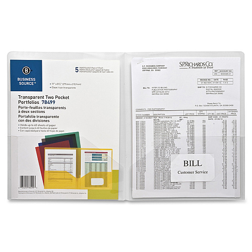 Business Source 78498 Letter Pocket Folder 8 1/2" x 11" - 60 Sheets Capacity - 2 Pocket(s) - Poly - Clear - 5 / Pack (BSN78499)