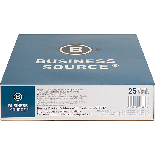 Business Source Letter Recycled Pocket Folder 8 1/2" x 11" - 100 Sheets Capacity - 3 x Prong Fastener(s) - 1/2" Fastener Capacity - 2 Inside Front & Back Pocket(s) - Leatherette - Light Blue - 35% Recycled - 25 / Box (BSN78507)
