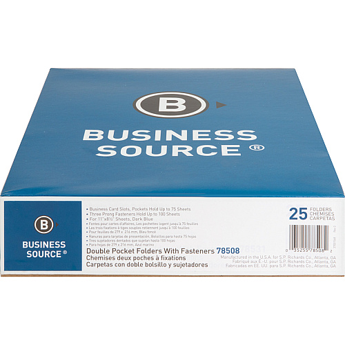 Business Source Letter Recycled Pocket Folder 8 1/2" x 11" - 100 Sheets Capacity - 3 x Prong Fastener(s) - 1/2" Fastener Capacity - 2 Inside Front & Back Pocket(s) - Leatherette - Dark Blue - 35% Recycled - 25 / Box (BSN78508)
