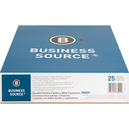Business Source Letter Recycled Pocket Folder 8 1/2" x 11" - 100 Sheets Capacity - 3 x Prong Fastener(s) - 1/2" Fastener Capacity - 2 Inside Front & Back Pocket(s) - Leatherette - Green - 35% Recycled - 25 / Box (BSN78509)