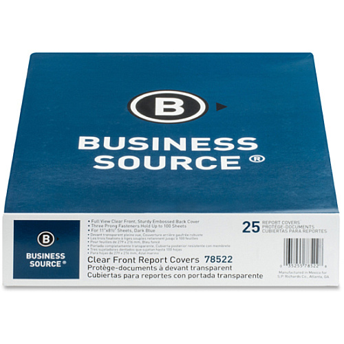 Business Source Letter Report Cover 8 1/2" x 11" - 100 Sheets Capacity - 3 x Prong Fastener(s) - Clear, Dark Blue - Textured, Non-stick - 25 / Box (BSN78522)